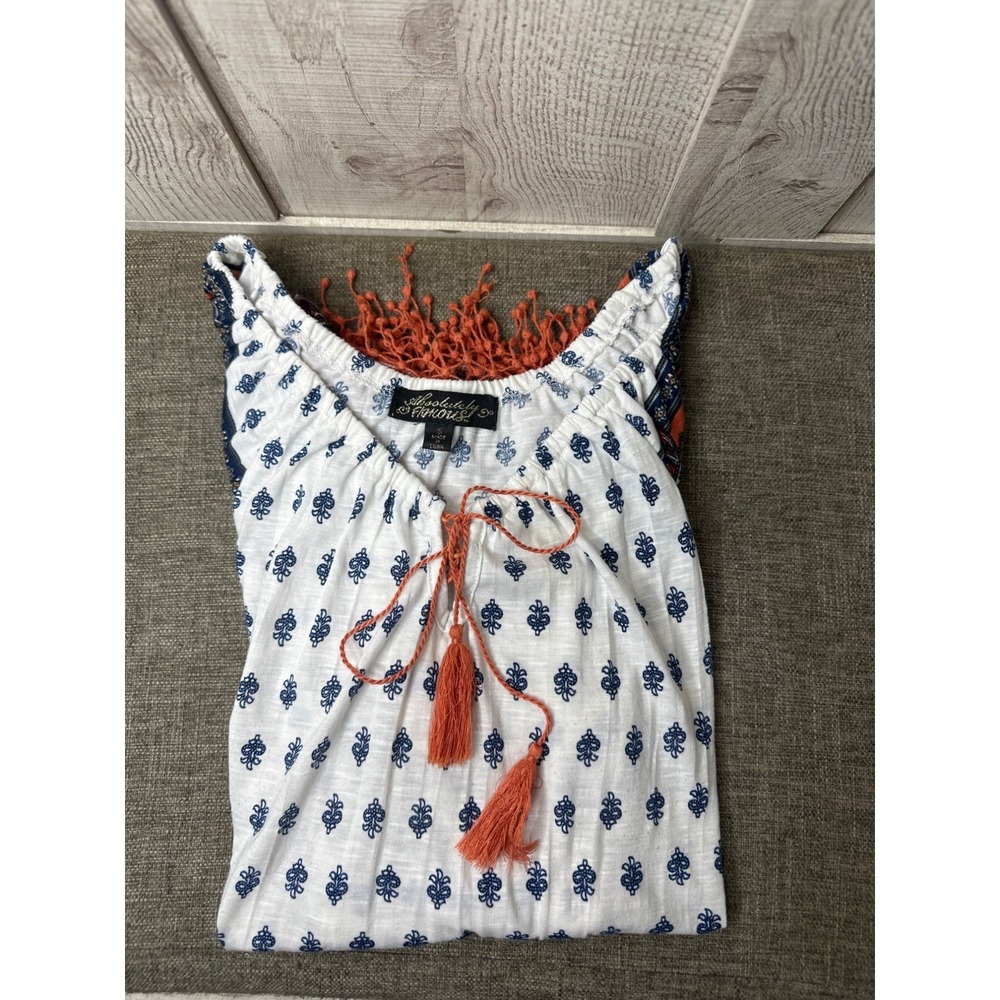 Absolutely Famous Womens Boho Peasant Top Orange Blue Paisley Fringe Size S - Picture 3 of 7